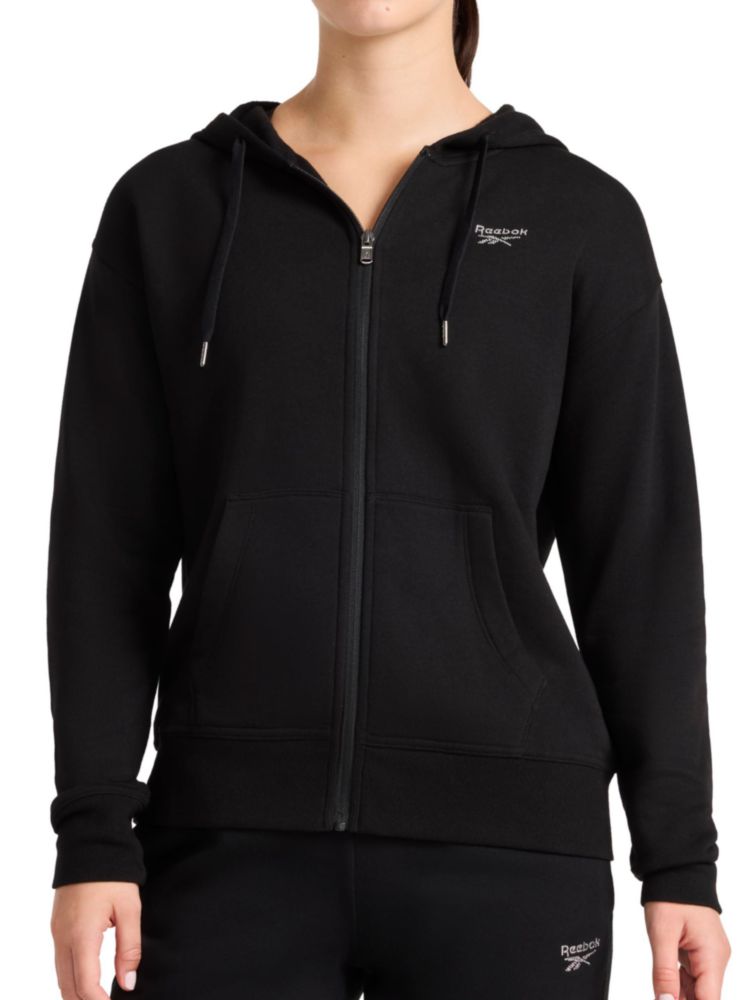 Sudadera Reebok con lentejuelas y cremallera completa negra talla grande