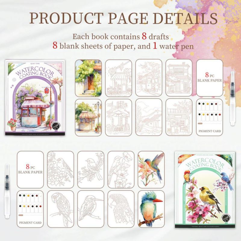 Libro de Acuarela NaTuGi Pack de 2 para Adultos - Kit de Colorear