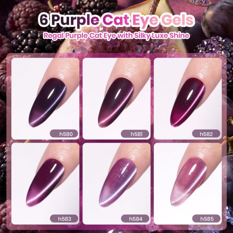 Esmalte de gel beetles 6 colores cat eye ciruela con glitter
