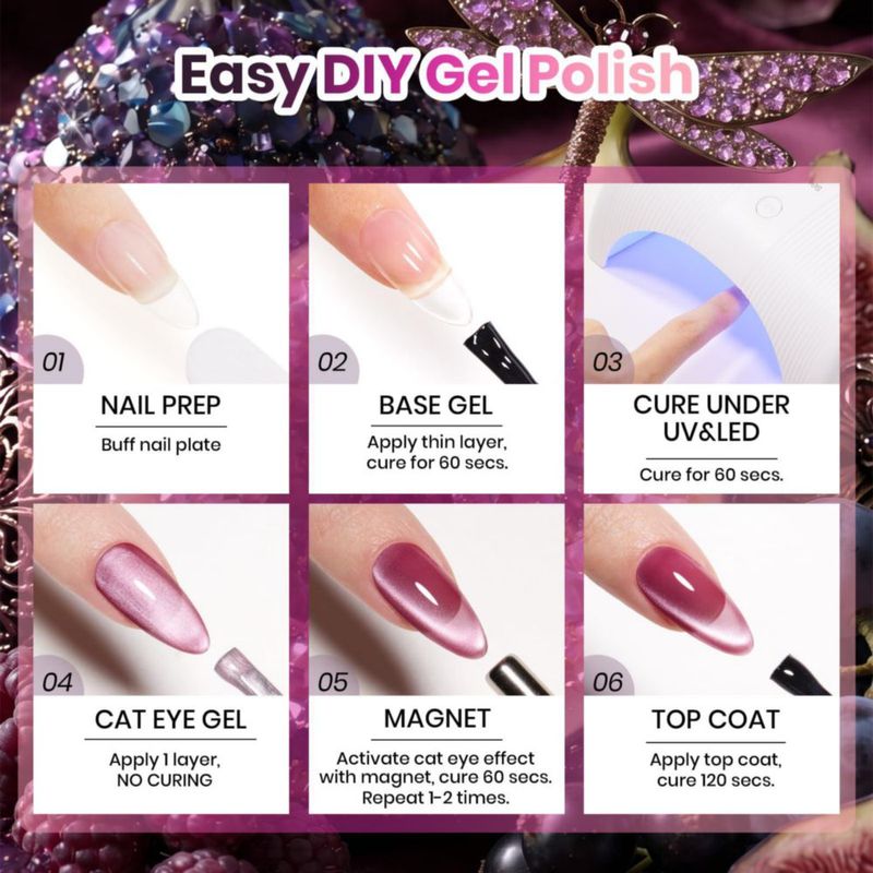 Esmalte de gel beetles 6 colores cat eye ciruela con glitter
