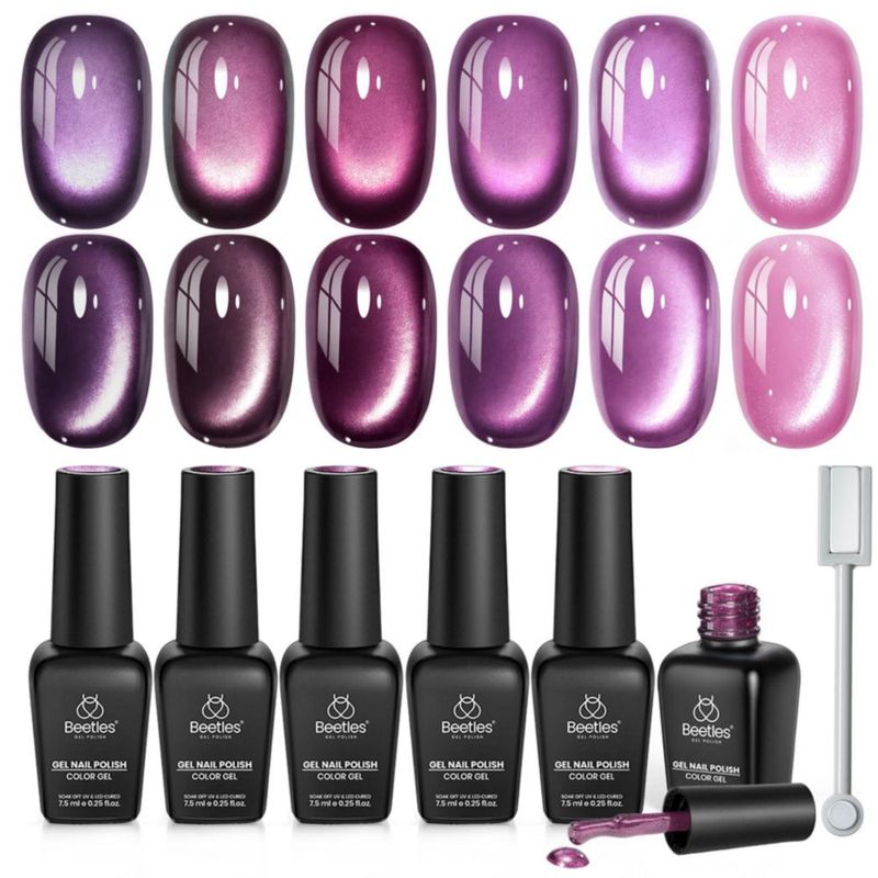 Esmalte de gel beetles 6 colores cat eye ciruela con glitter