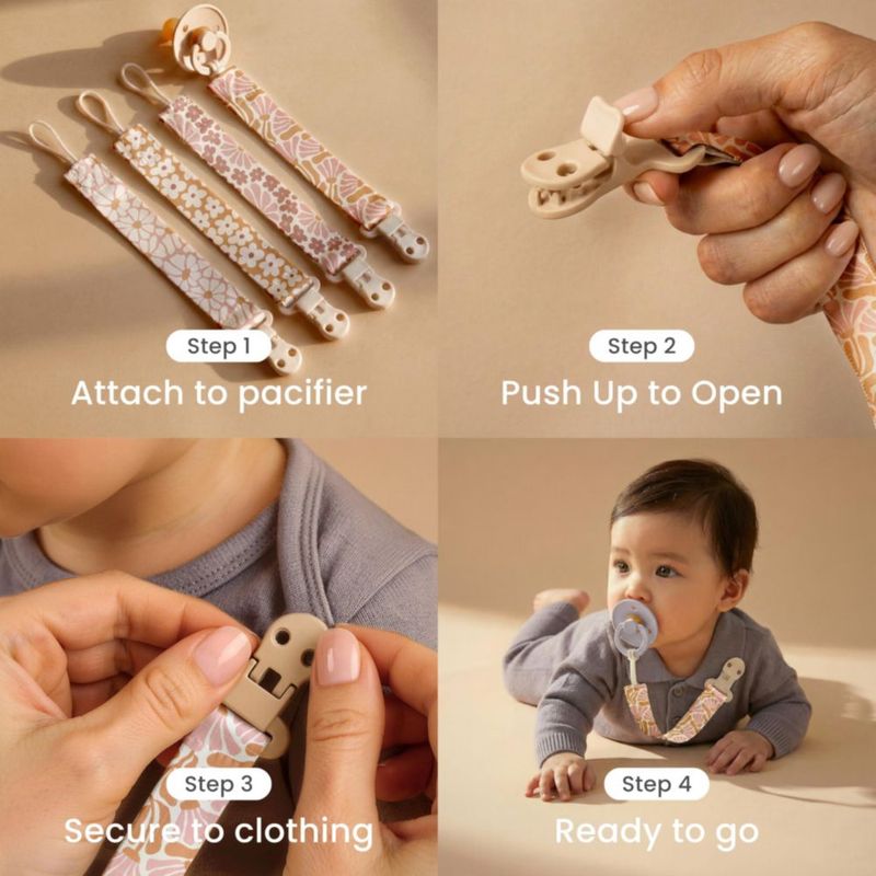 Clip para Chupete Stadela Pack de 4 para Niña Floral Rosa y Beige