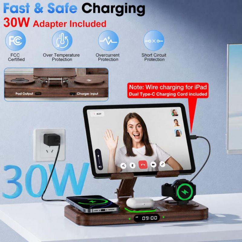 Cargador Opinta 6 en 1 inalámbrico con soporte plegable y reloj