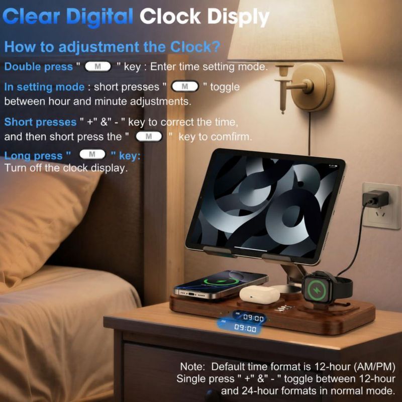 Cargador Opinta 6 en 1 inalámbrico con soporte plegable y reloj