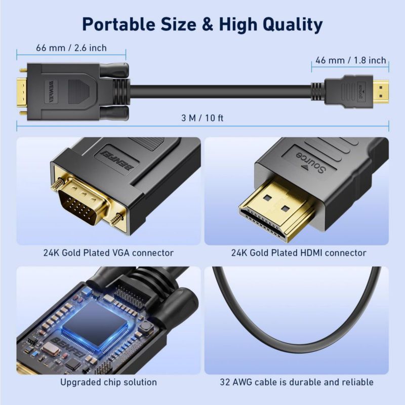 Cable HDMI a VGA BENFEI 3 m paquete de 2 unidireccional