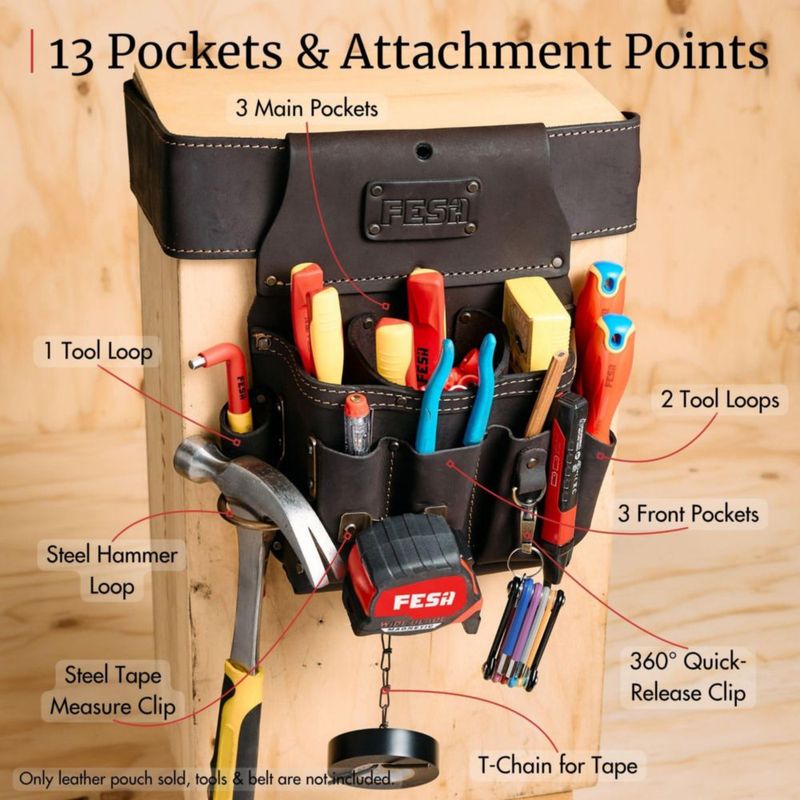 FESA Bolsa de Herramientas de Cuero 33 cm 13‑en‑1 para Electricista con Lazo para Martillo