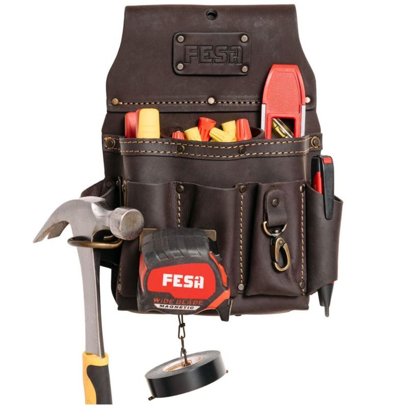 FESA Bolsa de Herramientas de Cuero 33 cm 13‑en‑1 para Electricista con Lazo para Martillo