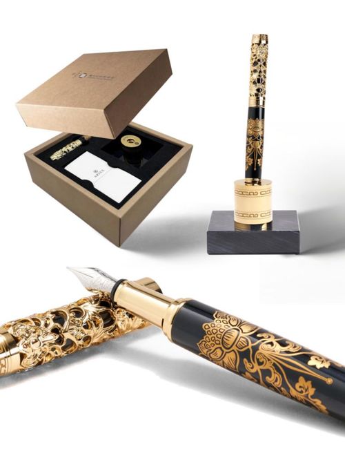 Set de Pluma Estilográfica ARTEX Gold Lotus con Soporte de Mármol