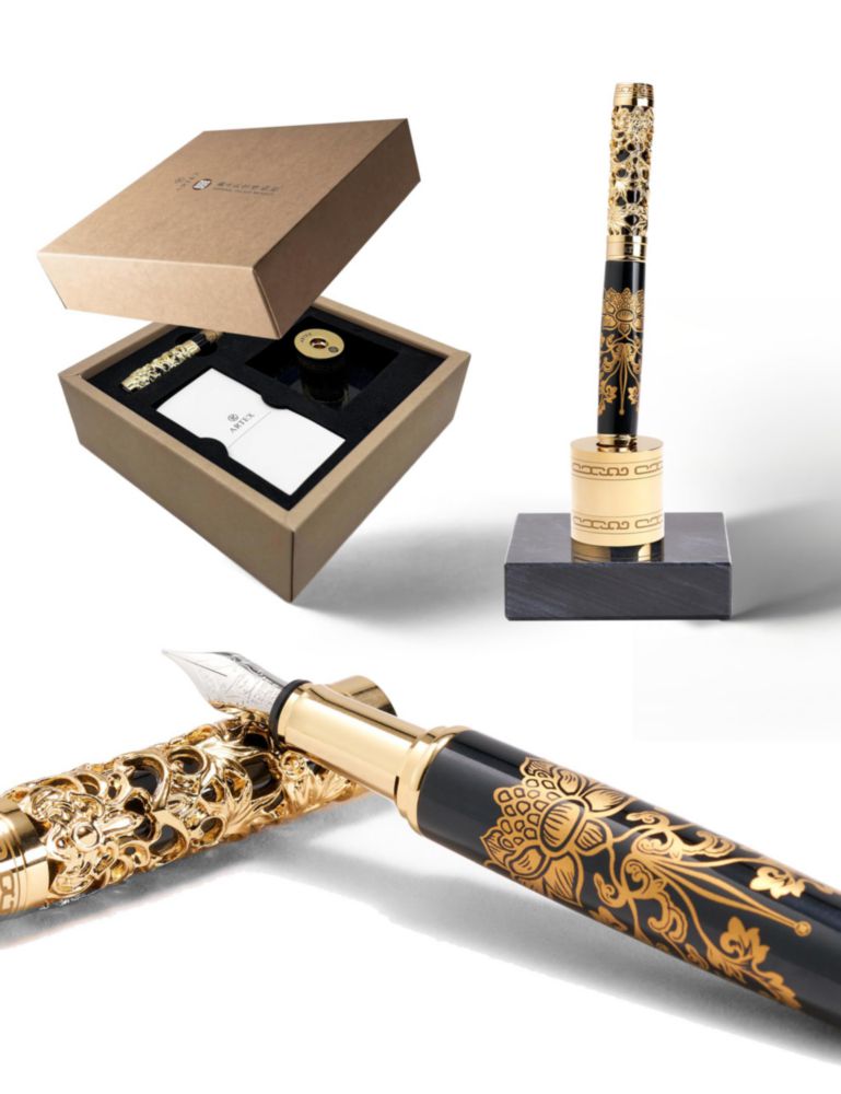 Set de Pluma Estilográfica ARTEX Gold Lotus con Soporte de Mármol