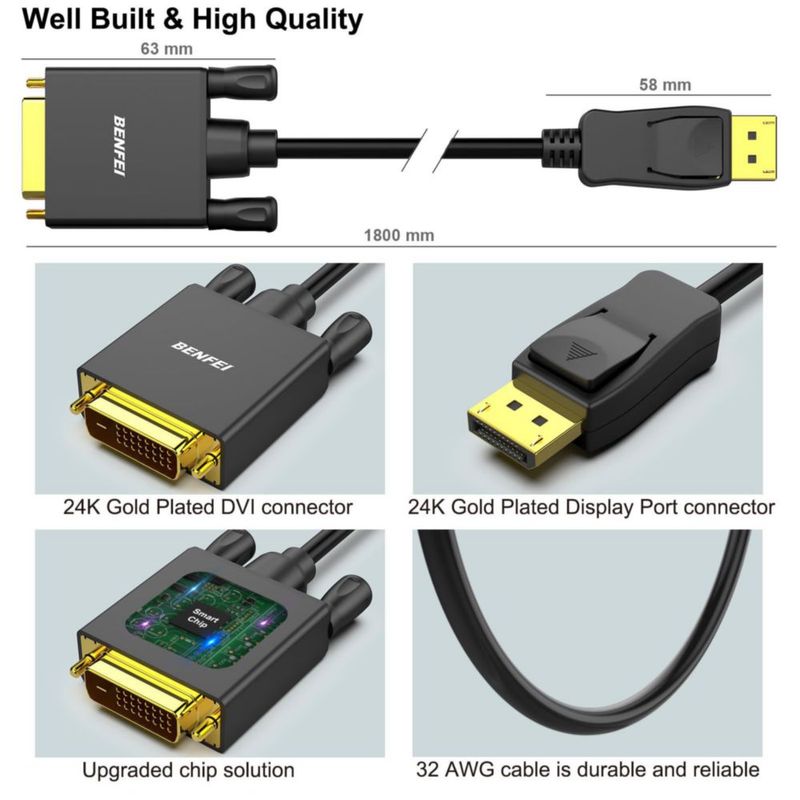 Cable DisplayPort a DVI BENFEI 91 cm Uni‑Direccional