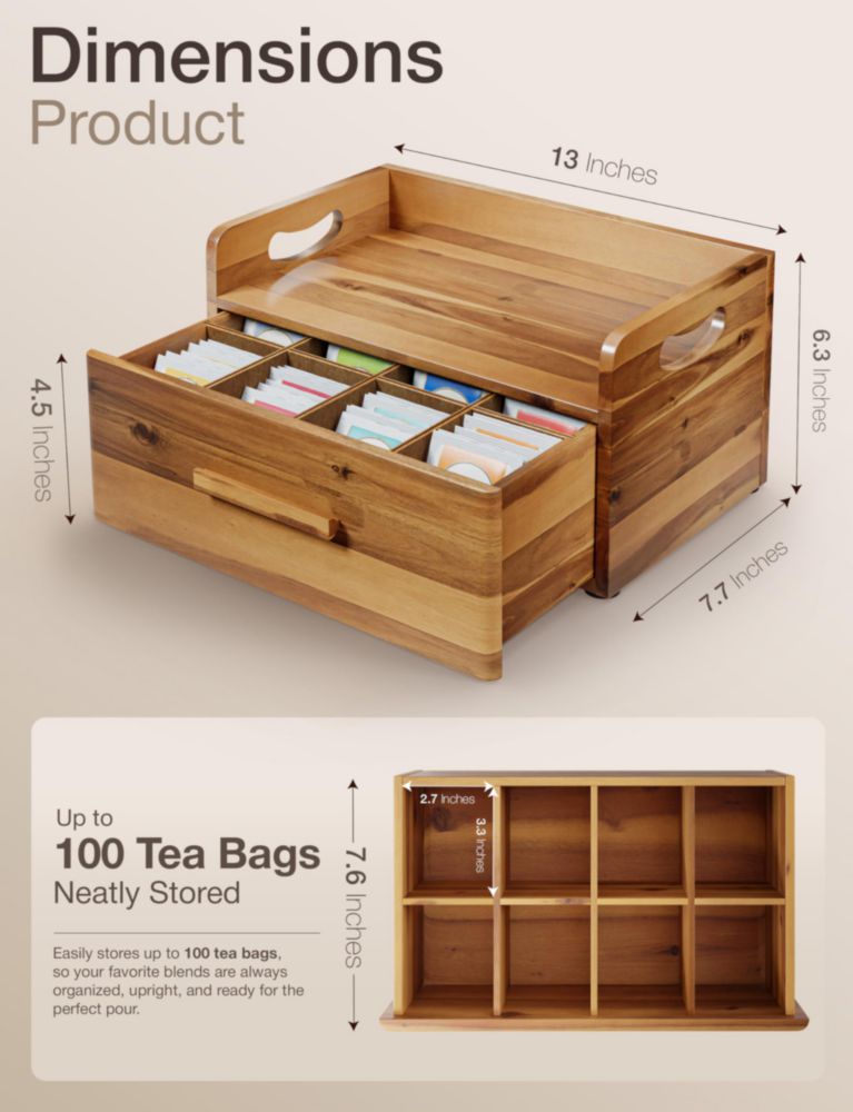 Caja de té Tinamo 33 cm de largo x 20 cm de profundidad madera de acacia con cajón