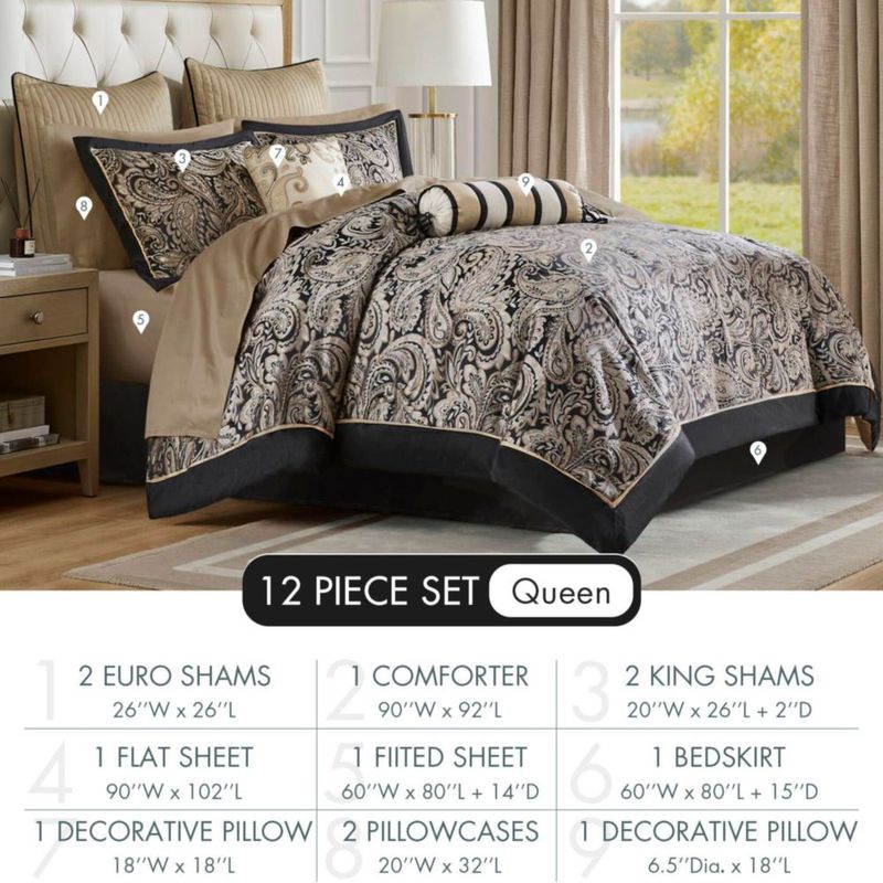 Juego de Edredón Madison Park Queen 12 piezas - Jacquard Negro