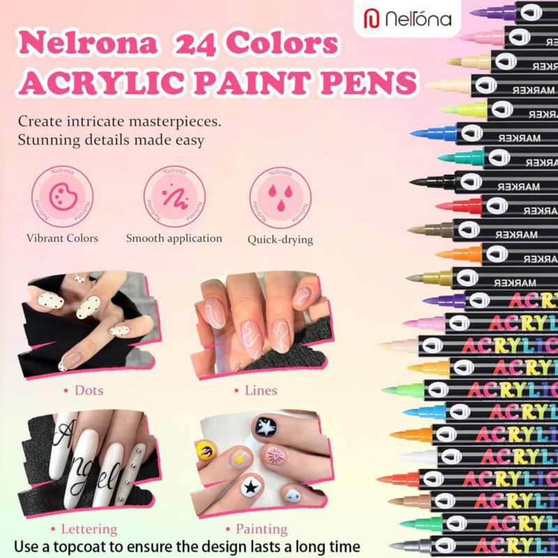 Plumas de uñas Nelrona 24 colores punta dual 07 mm acrílico