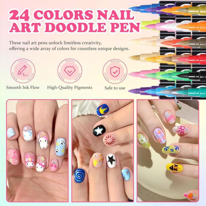 Plumas de uñas Nelrona 24 colores punta dual 07 mm acrílico