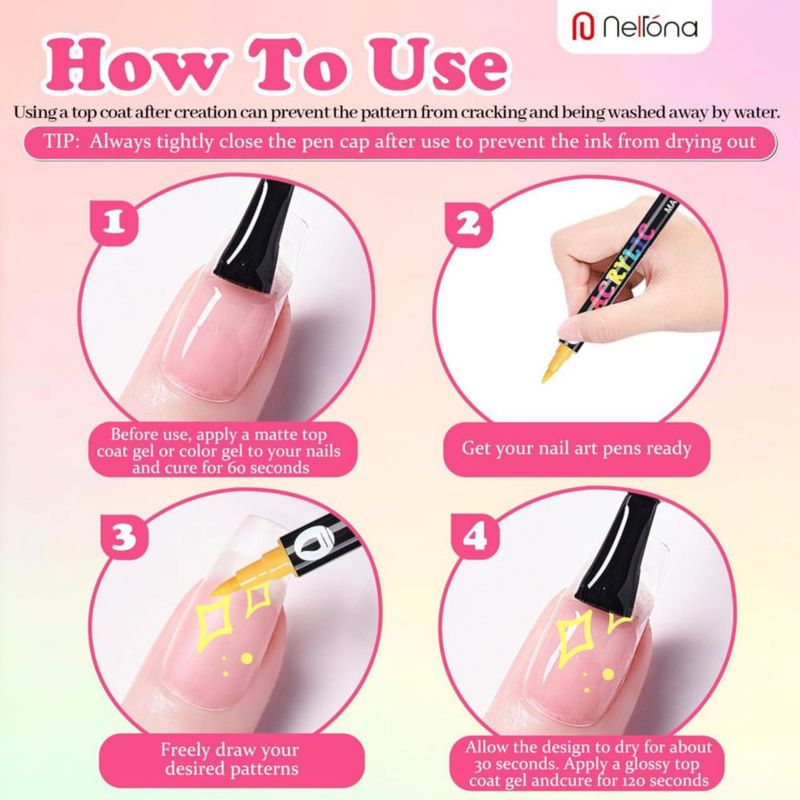Plumas de uñas Nelrona 24 colores punta dual 07 mm acrílico