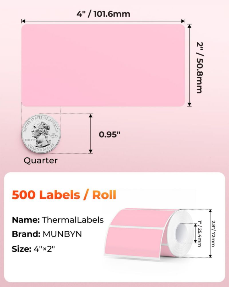 Etiquetas térmicas MUNBYN 4x2" 500 hojas/rollo rosa