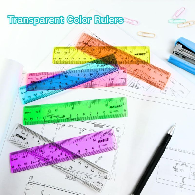Regla KASBEE 15 cm Set de 7 unidades de plástico transparente para escuela y oficina