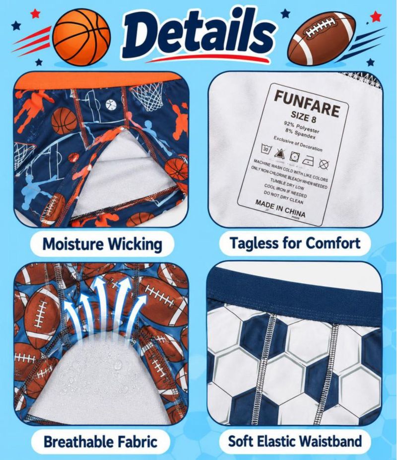 Bóxers Bioworld para Niños – Pack de 5 con Estampado Deportivo Todo Sobre (tallas 10/12)