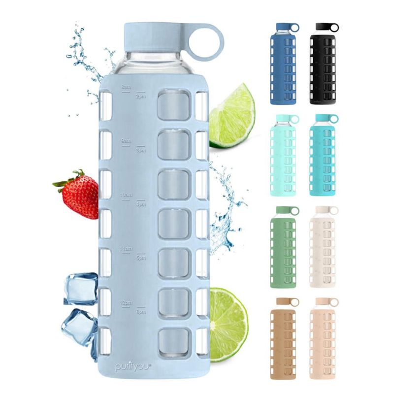 Botella purifyou 950 ml azul hielo de vidrio con funda
