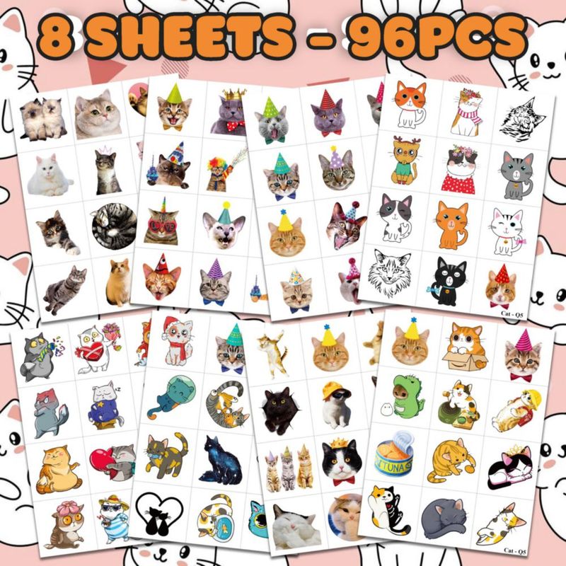 Tatuajes Temporales de Gato 96 uds Pre‑cortados para Fiesta Infantil