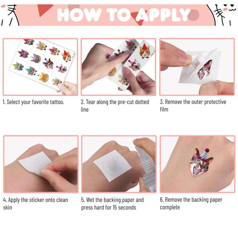 Tatuajes Temporales de Gato 96 uds Pre‑cortados para Fiesta Infantil