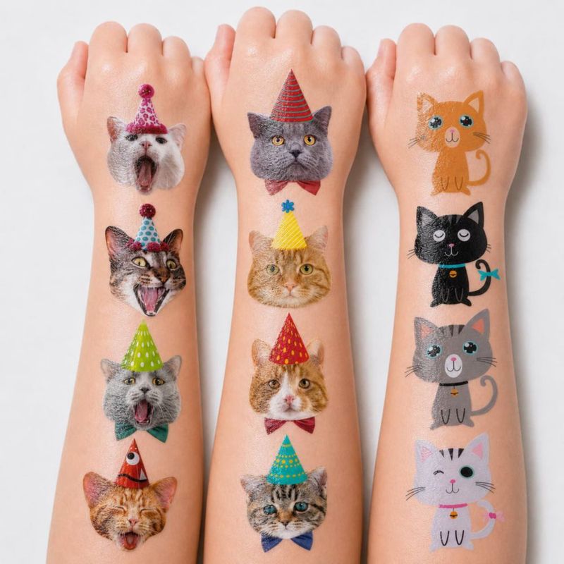 Tatuajes Temporales de Gato 96 uds Pre‑cortados para Fiesta Infantil