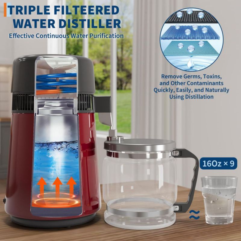 Destilador de Agua GarveeHome 4 L Acero Inoxidable Rojo