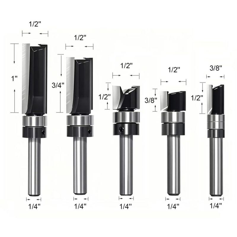 Fresa de Router TRIMTWOL de Corte al Ras con Vástago de 1/4" - Juego de 5 Piezas