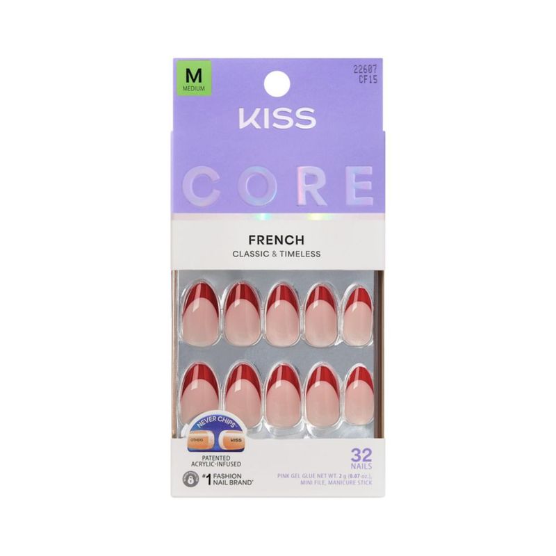 Uñas postizas KISS Core tamaño medio forma almendra rojo optimista 32 unidades