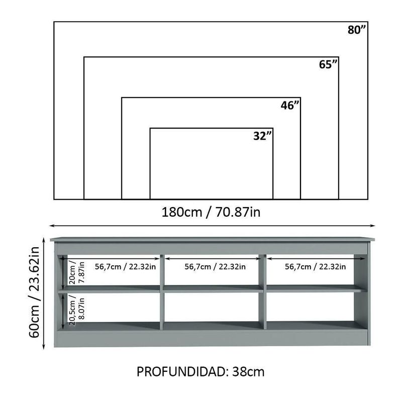 Mueble mesa para tv rack madesa 6 espacios hasta 80 gris