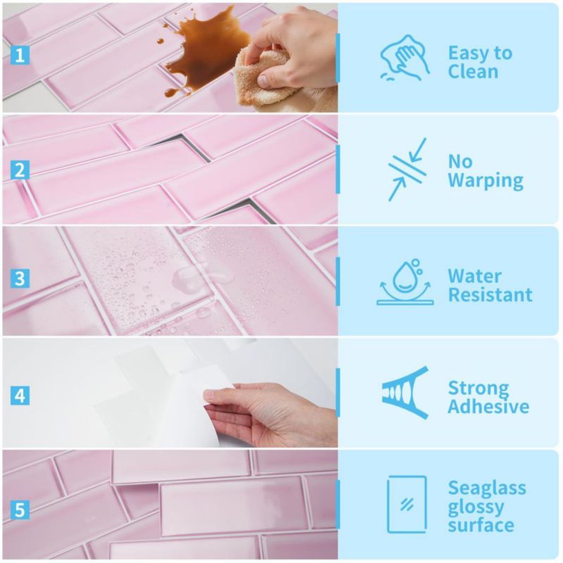 Azulejos estilo metro Art3d de vidrio marino rosa – paquete de 10 unidades