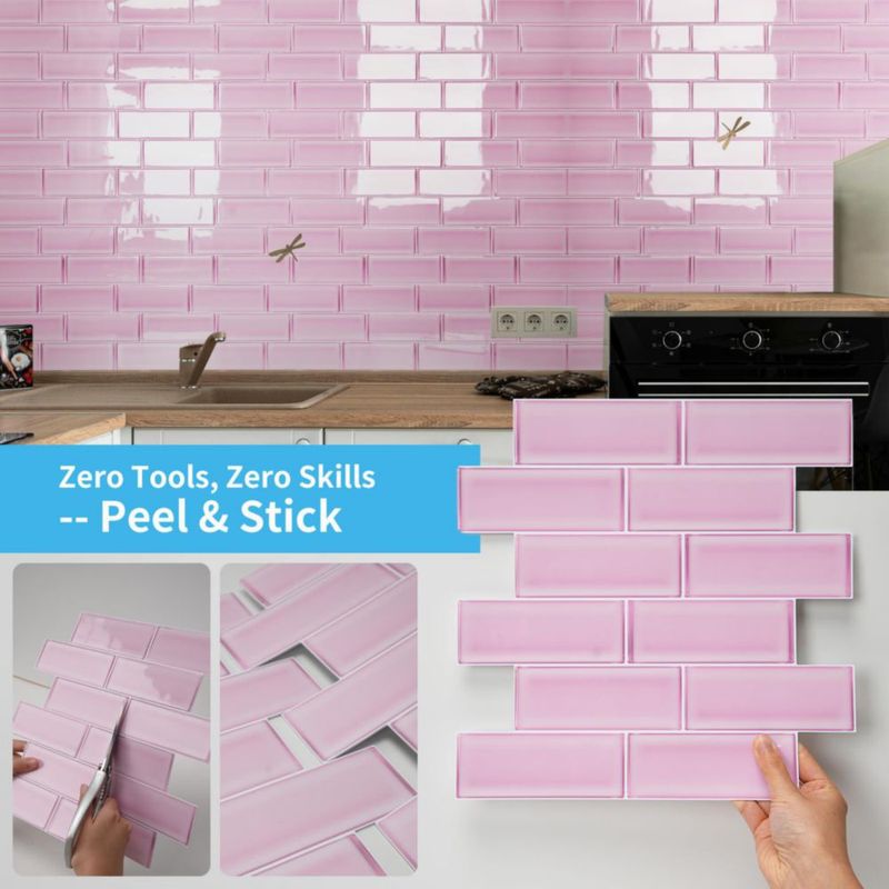 Azulejos estilo metro Art3d de vidrio marino rosa – paquete de 10 unidades