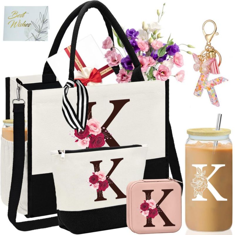 Set de regalo con bolso tote AiHeart de lona con bolsillo y monograma