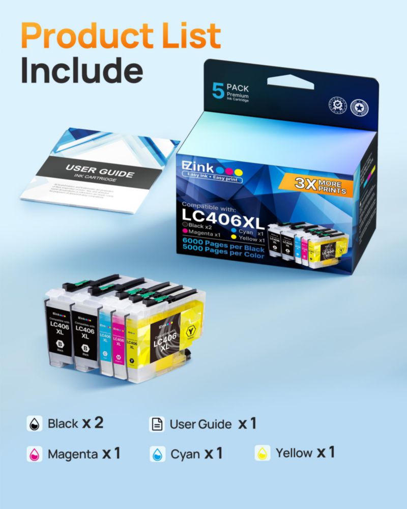 Cartuchos de tinta E‑Z Ink LC406 LC406XL – paquete de 5