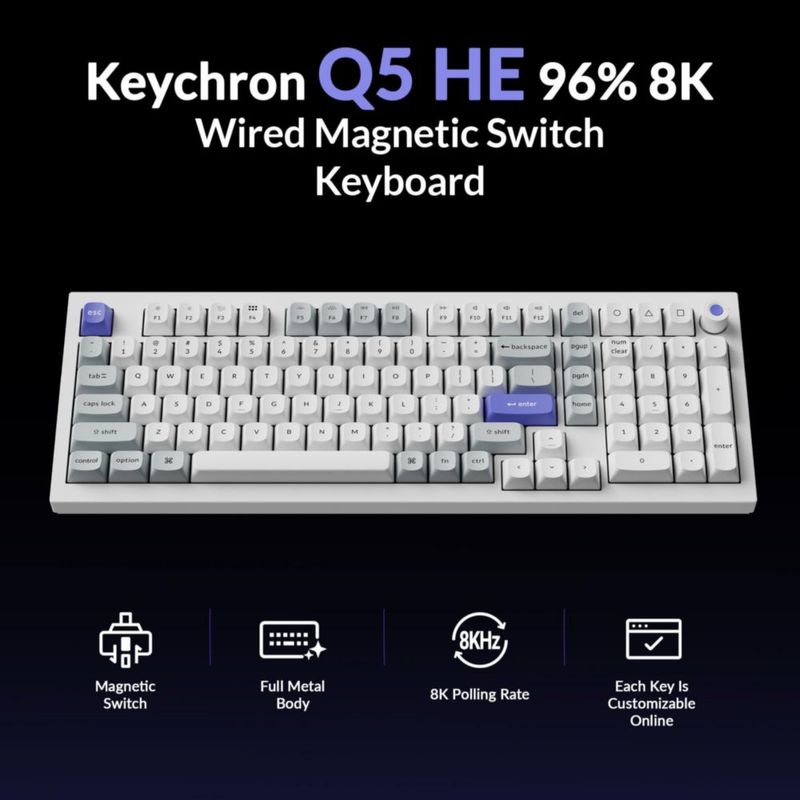 Teclado Keychron Q5 HE 96% con cable RGB intercambiable en caliente blanco
