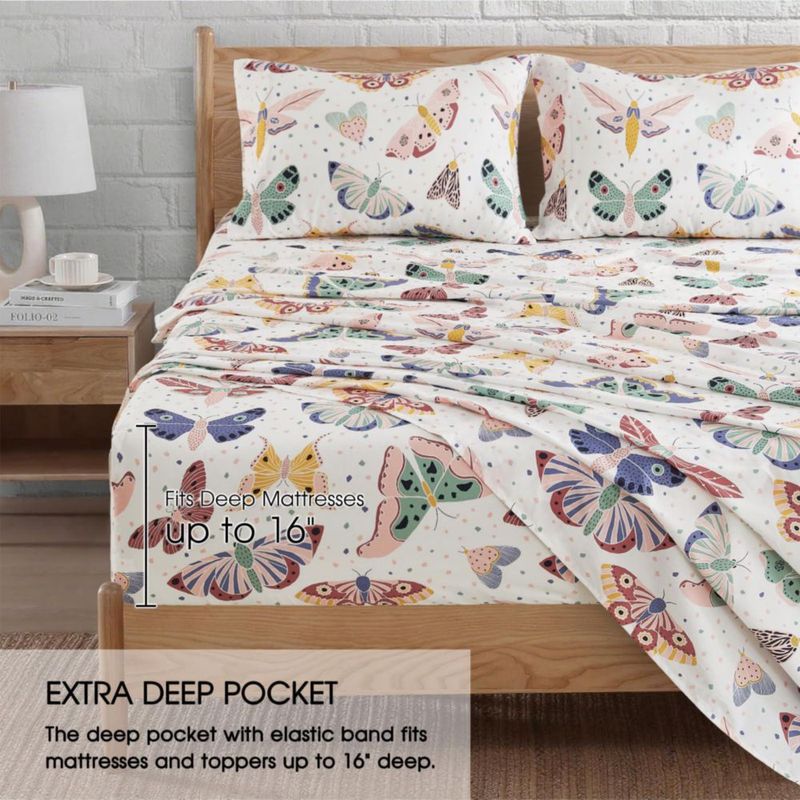 Ivellow Sábanas 100% Algodón Tamaño Queen Estampado de Mariposa Bolsillo Profundo de 16"