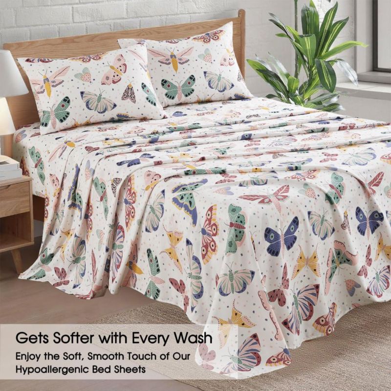 Ivellow Sábanas 100% Algodón Tamaño Queen Estampado de Mariposa Bolsillo Profundo de 16"