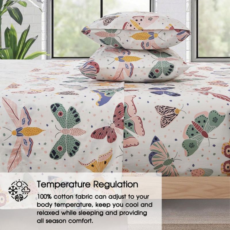 Ivellow Sábanas 100% Algodón Tamaño Queen Estampado de Mariposa Bolsillo Profundo de 16"
