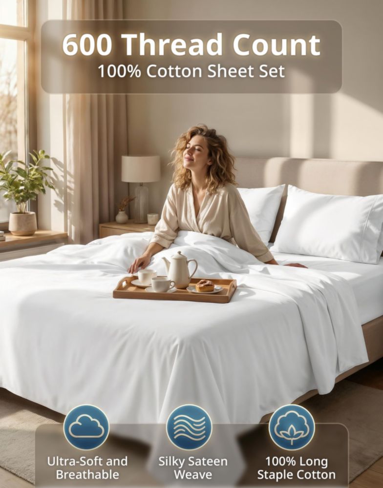 Juego de sábanas LANE LINEN tamaño completo 600 hilos algodón blanco