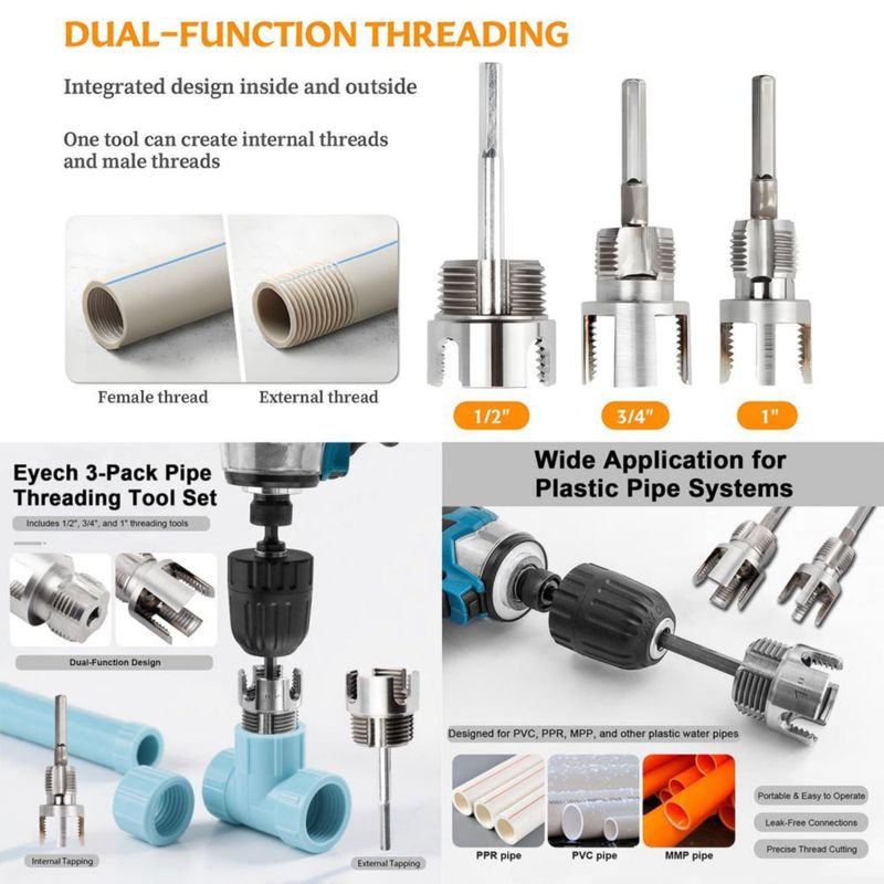 Kit de 3 piezas roscador de tuberías Jiahuili 1/2" 3/4" 1"