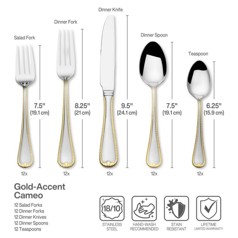 Cubertería Mikasa 65 piezas 18/10 con acentos dorados