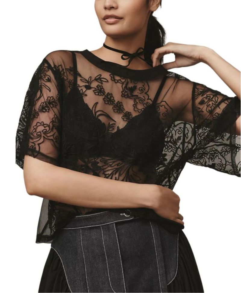 Blusa OPCAKM de encaje con manga corta y malla transparente negra talla XXL