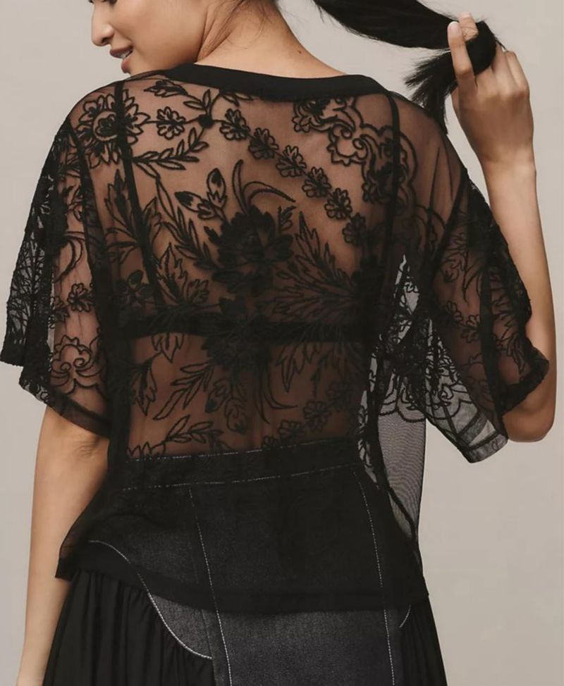 Blusa OPCAKM de encaje con manga corta y malla transparente negra talla XXL