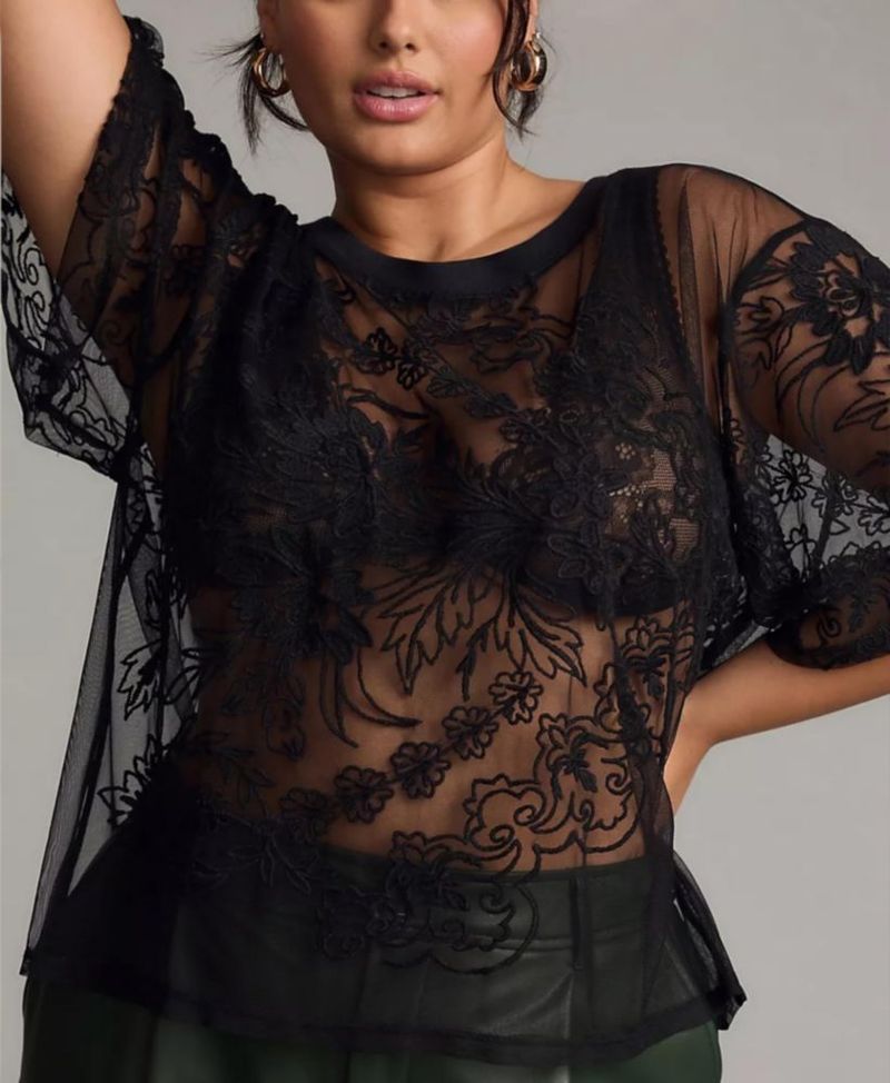 Blusa OPCAKM de encaje con manga corta y malla transparente negra talla XXL