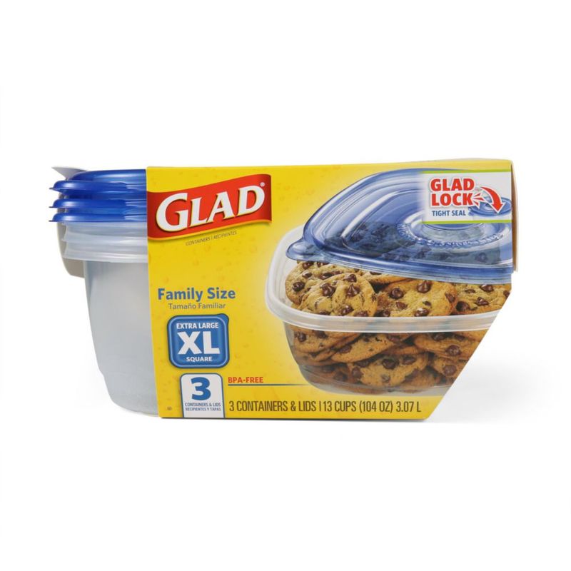Glad Contenedores de Almacenamiento de Alimentos XL Cuadrado 307 L Pack de 3