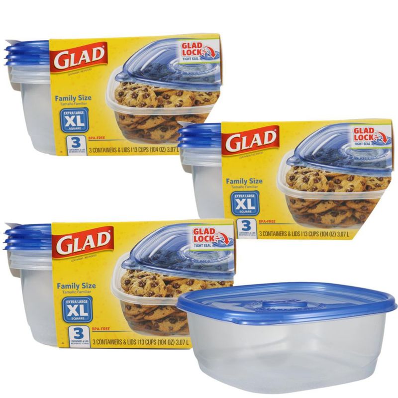 Glad Contenedores de Almacenamiento de Alimentos XL Cuadrado 307 L Pack de 3