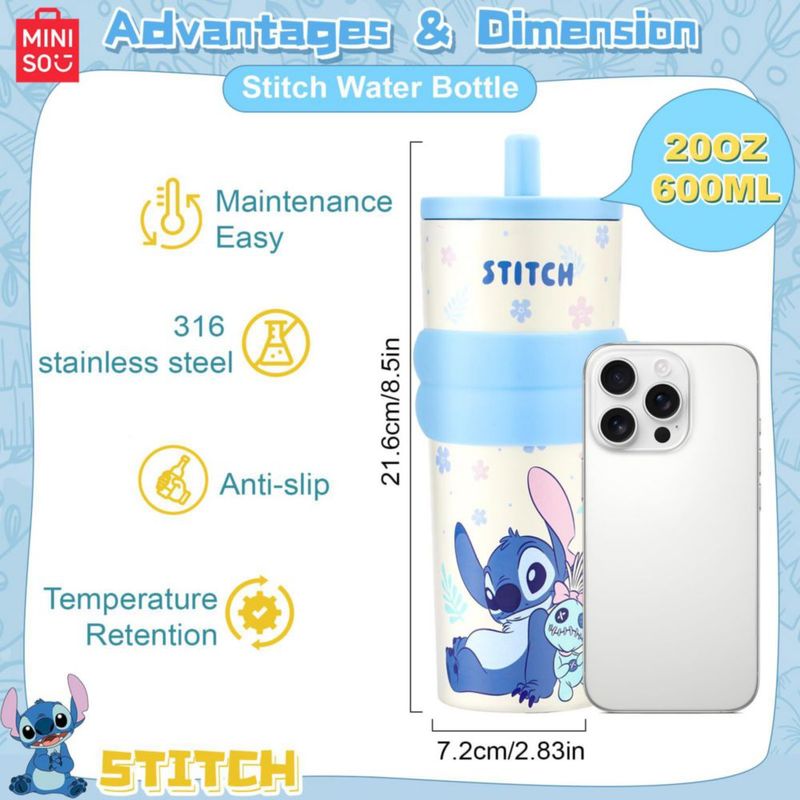 Botella de agua MINISO 591 ml Stitch con aislamiento y tapa flip