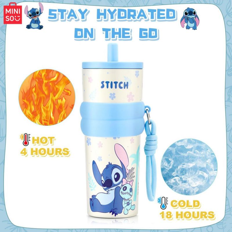Botella de agua MINISO 591 ml Stitch con aislamiento y tapa flip