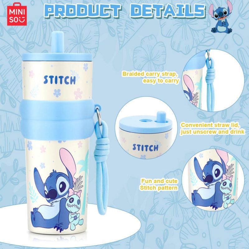 Botella de agua MINISO 591 ml Stitch con aislamiento y tapa flip