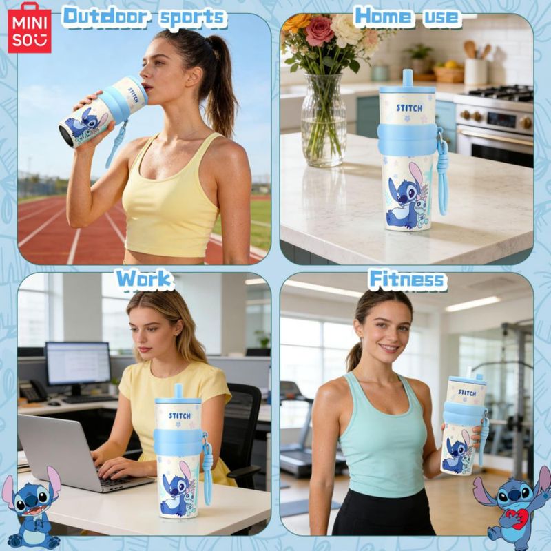 Botella de agua MINISO 591 ml Stitch con aislamiento y tapa flip